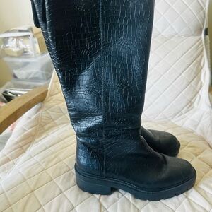 PAIGE Black Croc-Embossed Tall Combat Boots